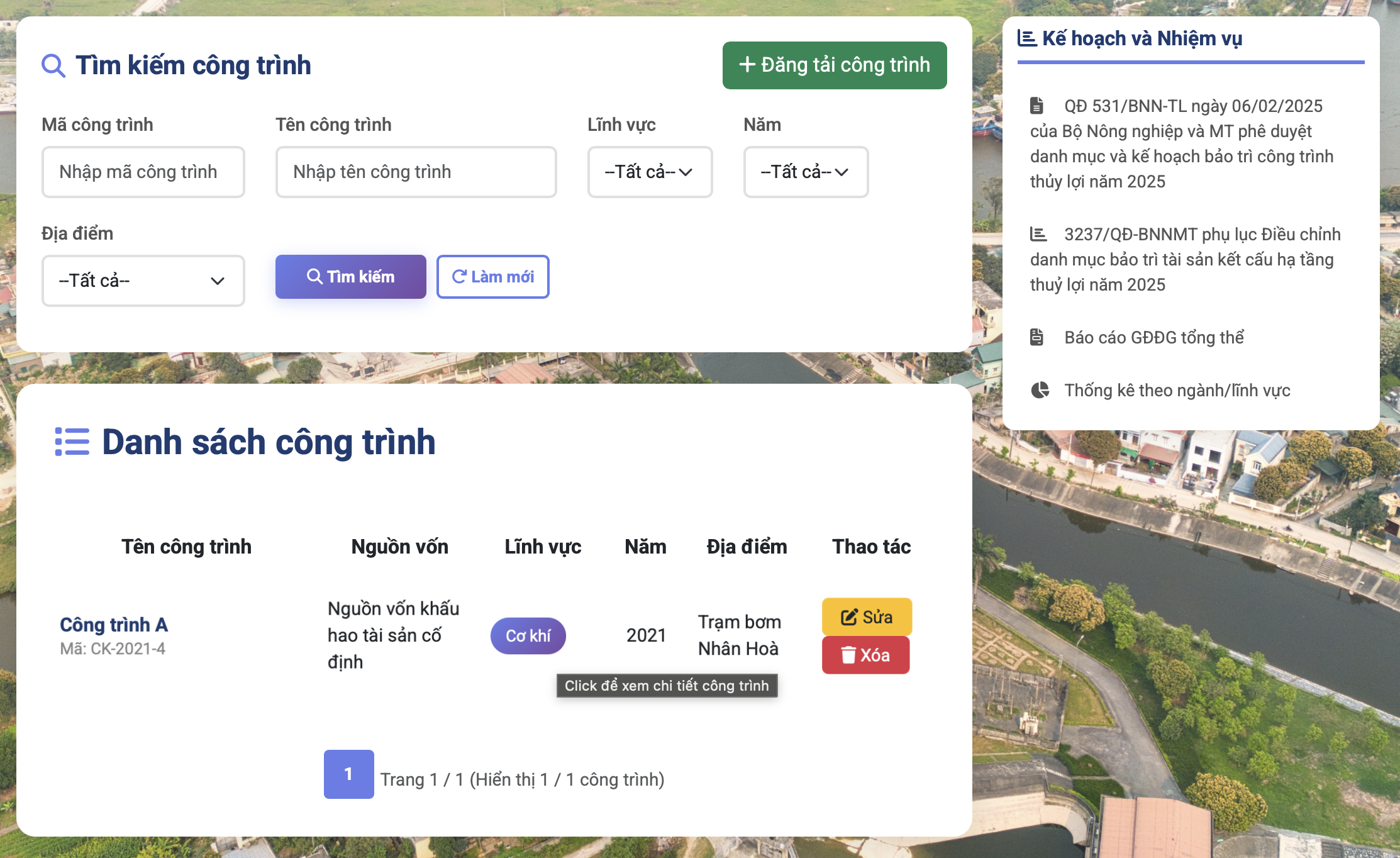 Giao diện quản lý dự án